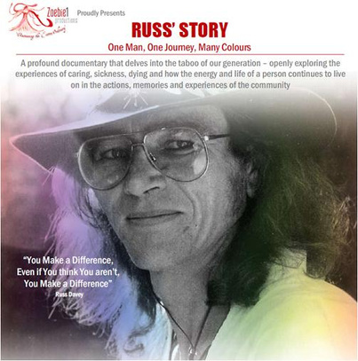 A black & white head shot of a caucasian man looking towards you. He wears large glasses & an akubra hat. The words "Russ' Story" are at the top of the picture. in the bottom left is a quote "You make a difference, even if you think you don't.."